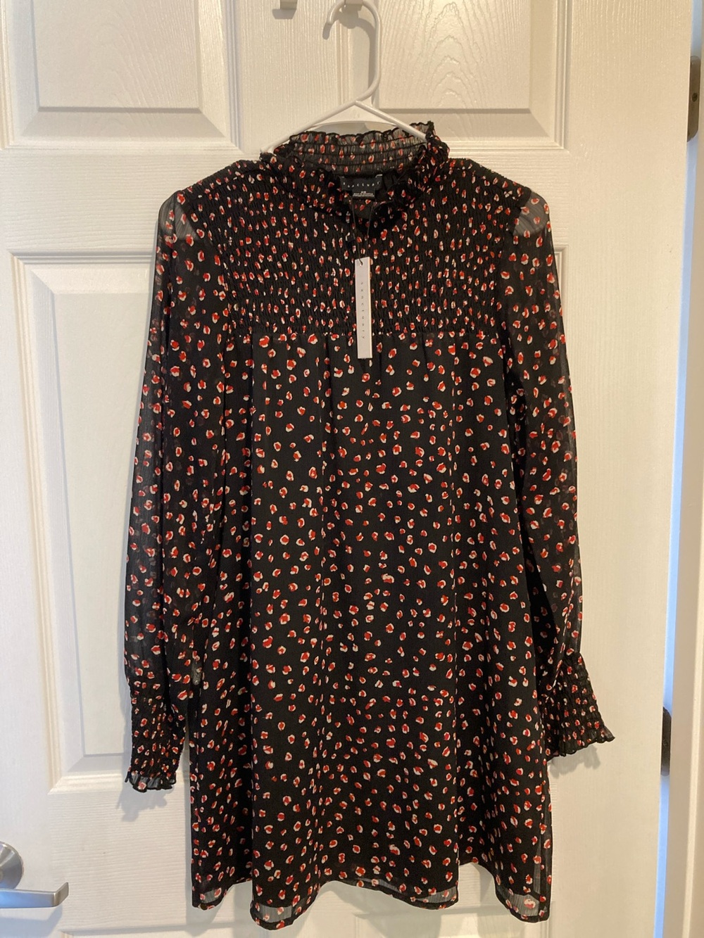 Sanctuary Black Dress with Red Micro Floral Print and Smocked Yoke